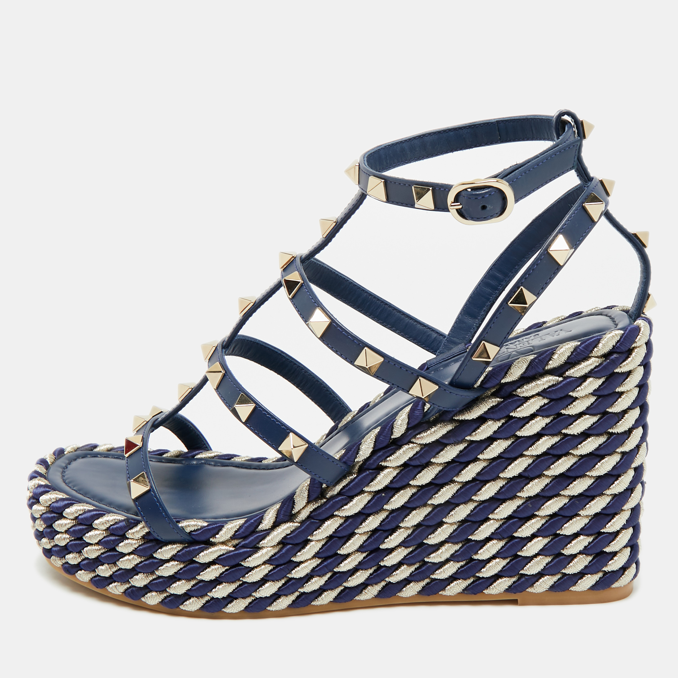 

Valentino Rockstud Size  Navy Blue Leather Wedge Sandals