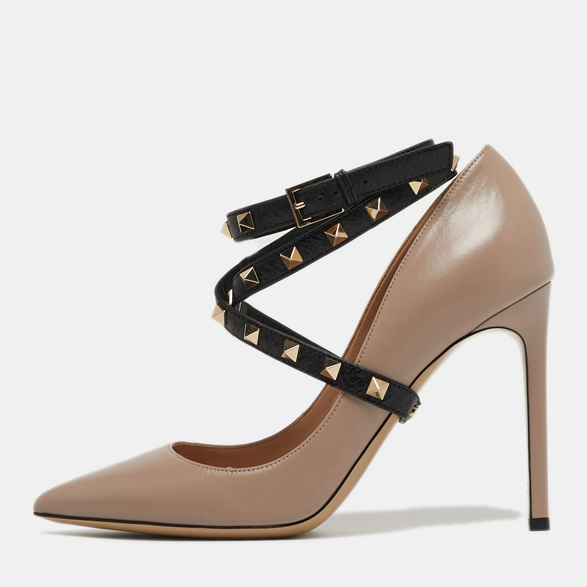 

Valentino Rockstud Size  Beige Leather Ankle Wrap Pumps