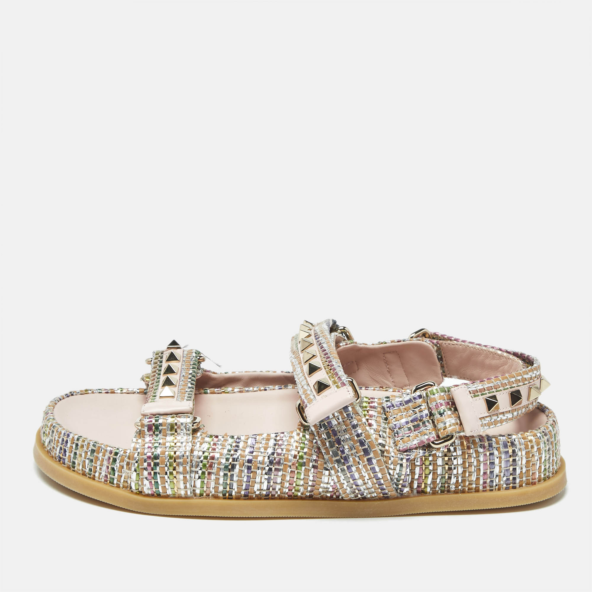 

Valentino Rockstud Size  Multicolor Woven Straw Sngback Flat Sandals
