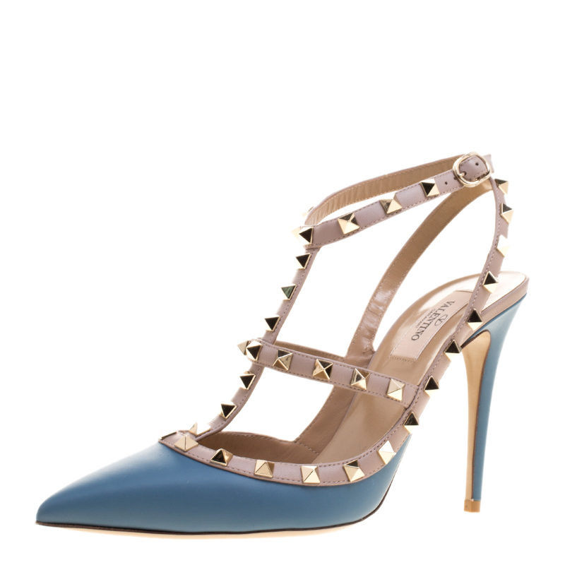 Pre Owned Valentino Pale Blue/Beige Leather Rockstud Sandals Size 40