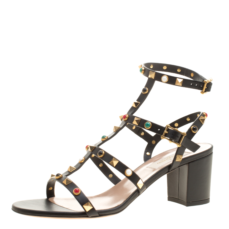 Pre Owned Valentino Black Leather Rolling Rockstud Cabochon Gladiator Sandals Size 39
