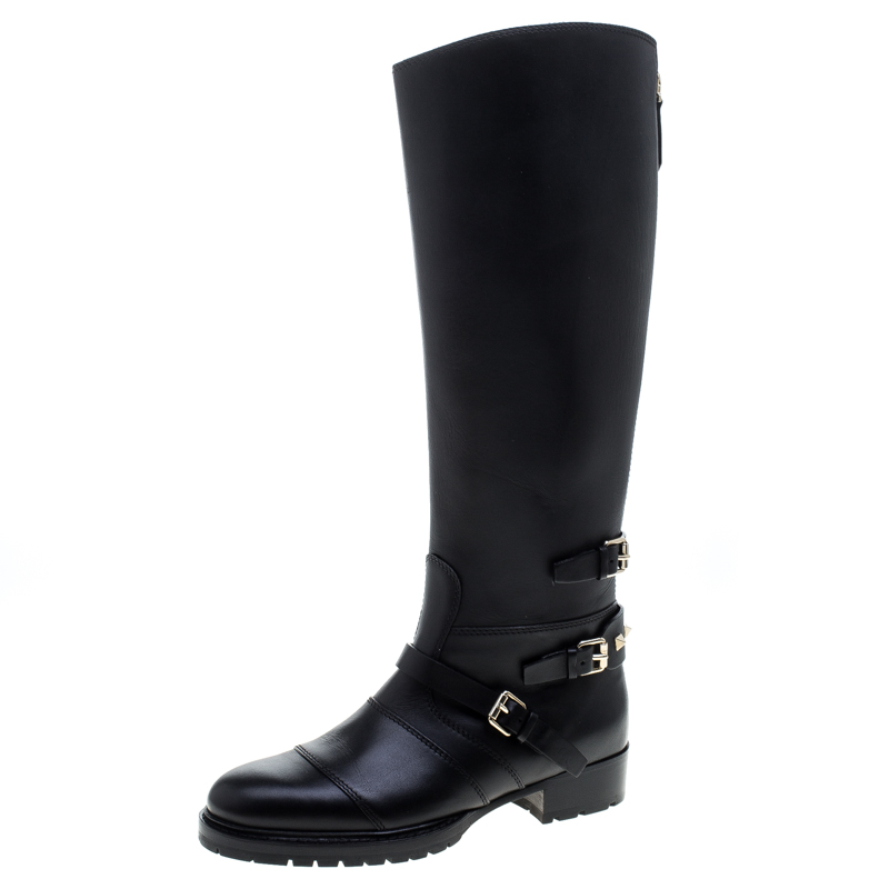 Pre Owned Valentino Black Leather Rockstud Strap Knee Length Biker Boots Size 37