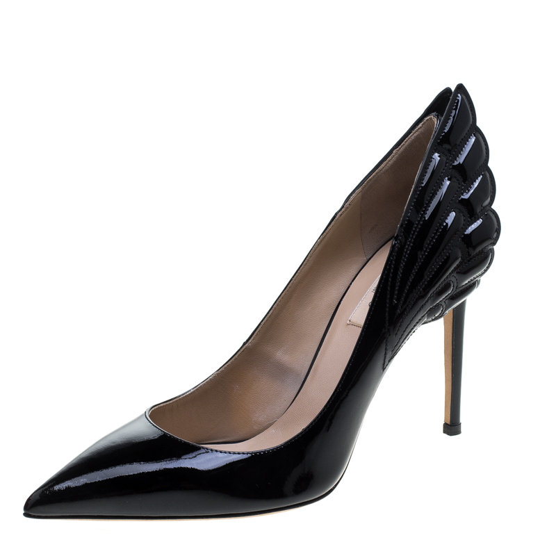 Pre Owned Valentino Black Patent Leather Wings Detail Pointed Toe Pumps Size 38