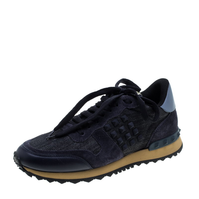 Pre Owned Valentino Dark Wash Denim and Suede Rockstud Sneakers Size 36.5