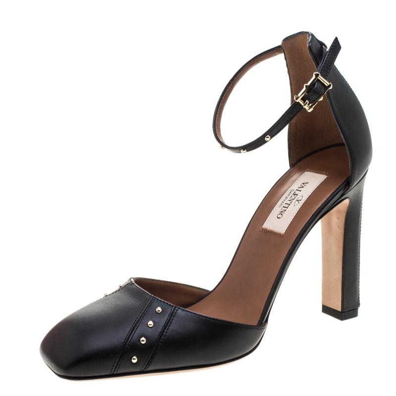 Pre Owned Valentino Black Leather Studded Ankle Strap Square Toe Pumps Size 37