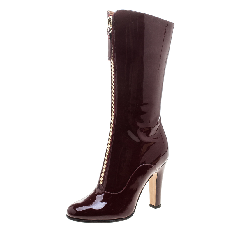 مملوكة مسبقًا Valentino Crimson Red Patent Leather Zip Detail Mid Calf Boots Size 39