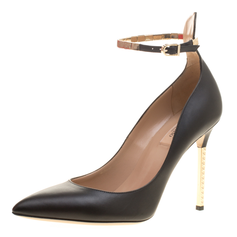 Valentino Black Leather Rockstud Heel Ankle Strap Pointed Toe Pumps ...