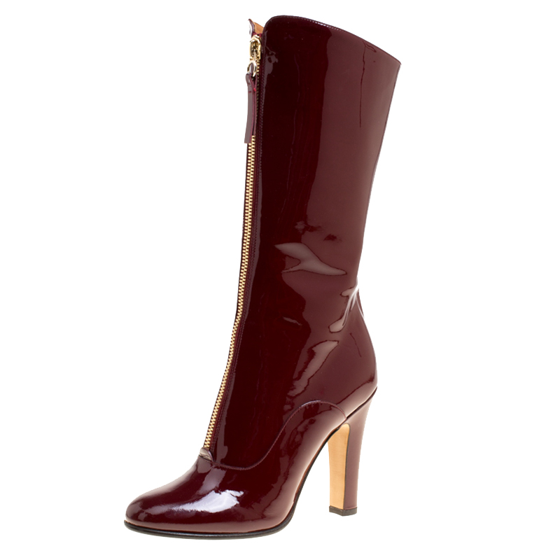 Pre Owned Valentino Crimson Red Patent Leather Zip Detail Mid Calf Boots Size 38