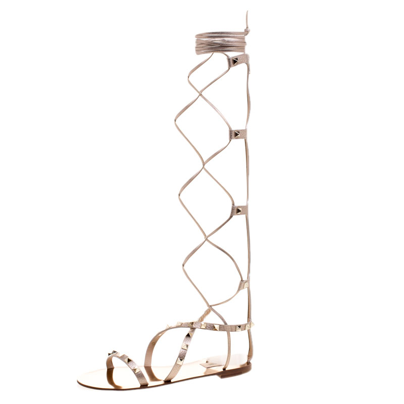 Pre Owned Valentino Metallic Bronze Leather Knee High Rockstud Gladiator Sandals Size 36