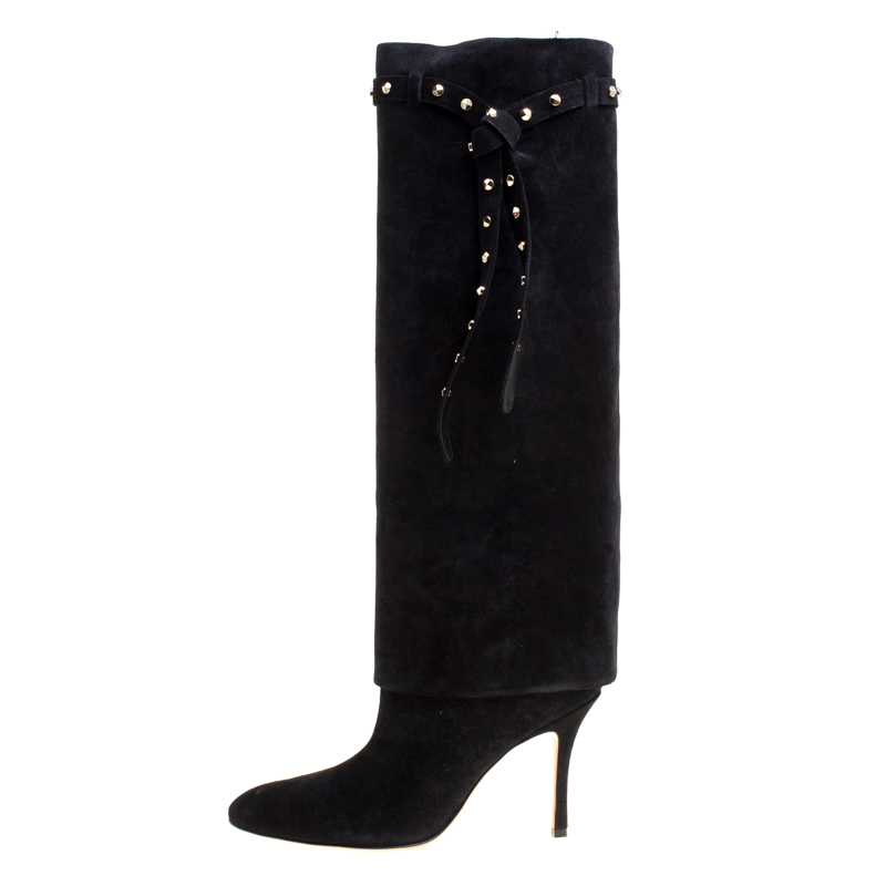 

Valentino Black Suede Rockstud Tie Foldover Knee Length Boots Size