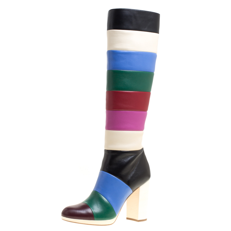 Valentino Multicolor Striped Leather Knee Boots Size 40