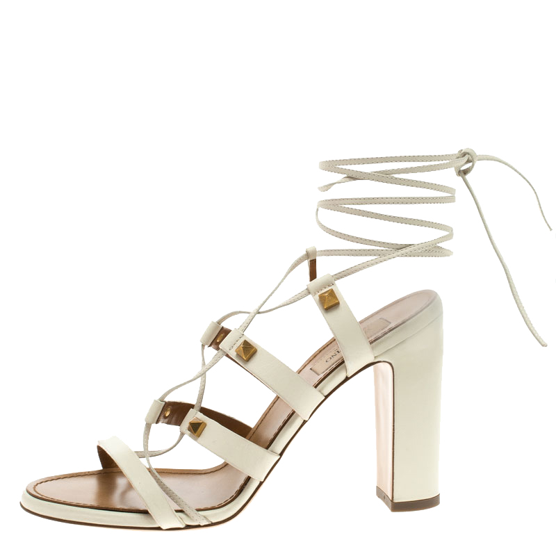 

Valentino White Leather Rockstud Block Heel Gladiator Lace Up Sandals Size