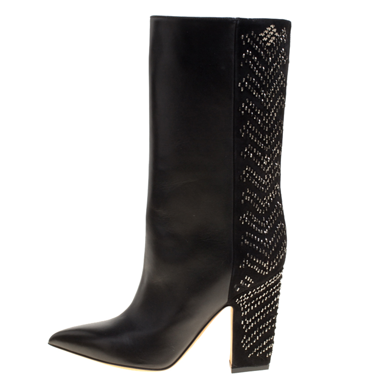 

Valentino Black Leather and Beads Embellished Suede Mid Calf Boots Size