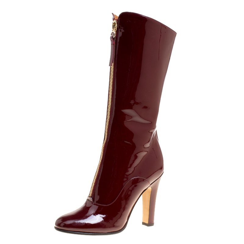 Pre Owned Valentino Crimson Red Patent Leather Zip Detail Mid Calf Boots Size 36
