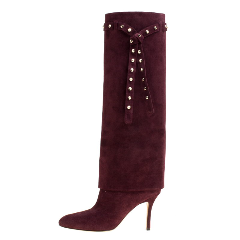 

Valentino Burgundy Suede Rockstud Tie Foldover Knee Length Boots Size