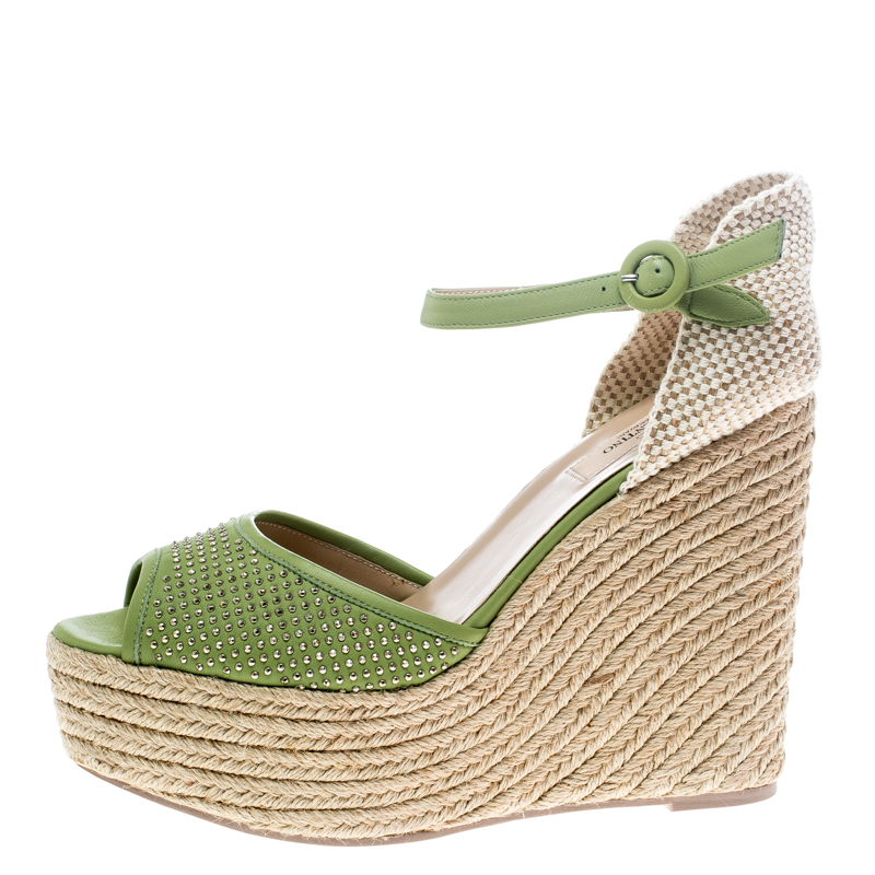 

Valentino Green Studded Leather Espadrille Wedge Ankle Strap Sandals Size