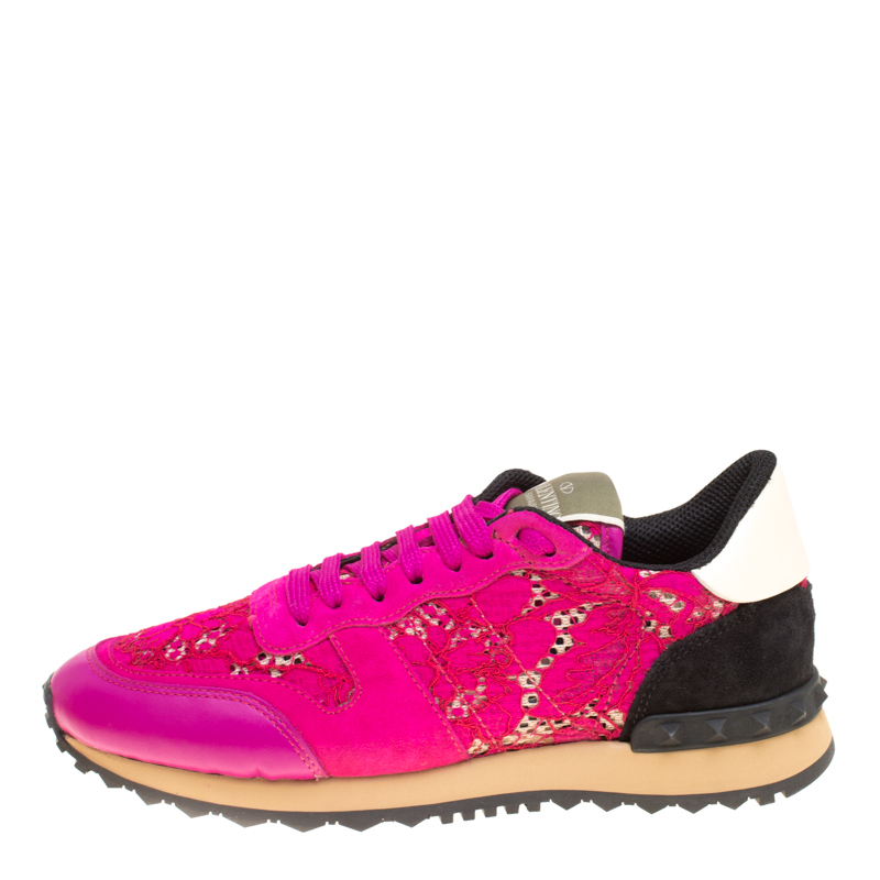 

Valentino Fuchsia Pink Leather and Macramé Lace Sneakers Size