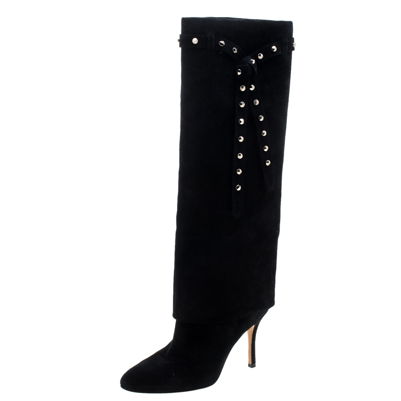 Pre Owned Valentino Black Suede Rockstud Tie Foldover Knee Length Boots Size 38