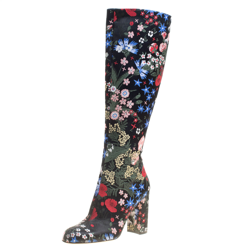 Pre Owned Valentino Black Spring Garden Brocade Knee Length Boots Size 37