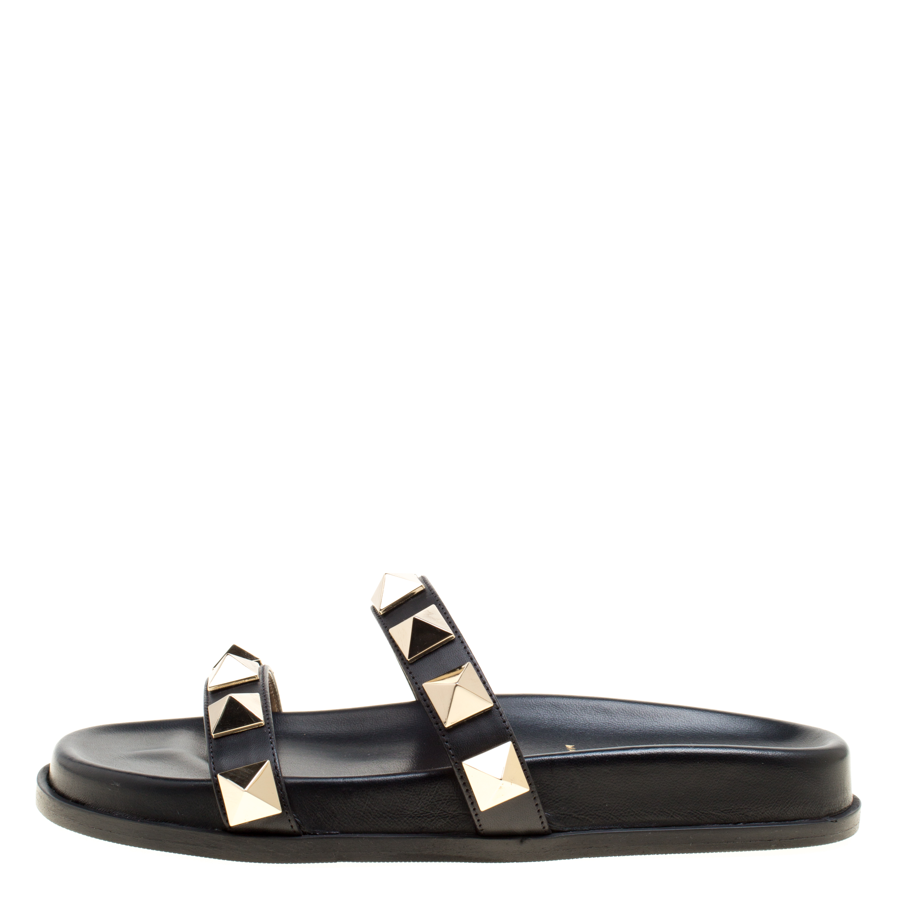 

Valentino Black Leather Two Band Rockstud Slide Sandals Size