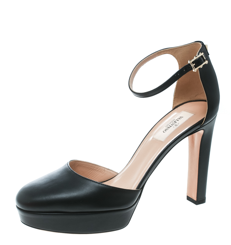 Pre Owned Valentino Black Leather Ankle Strap Platform Pumps Size 39