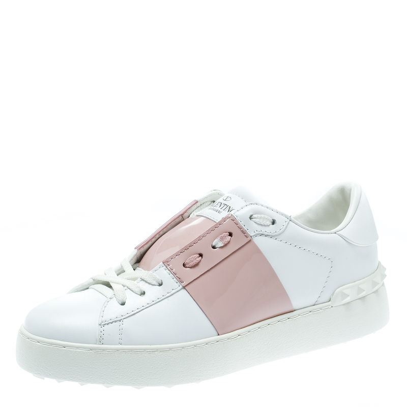 Pre Owned Valentino White and Blush Pink Band Leather Open Low Top Sneakers Size 36