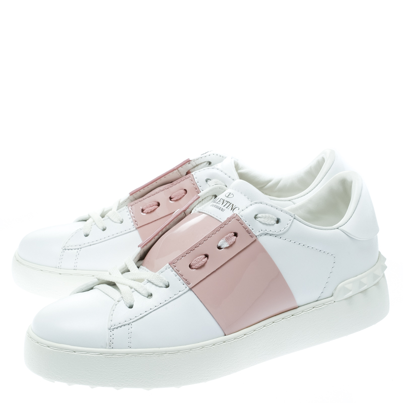 Valentino White And Blush Pink Band Leather Open Low Top Sneakers Size 