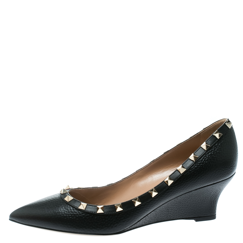 

Valentino Black Leather Rockstud Pointed Toe Wedge Pumps Size