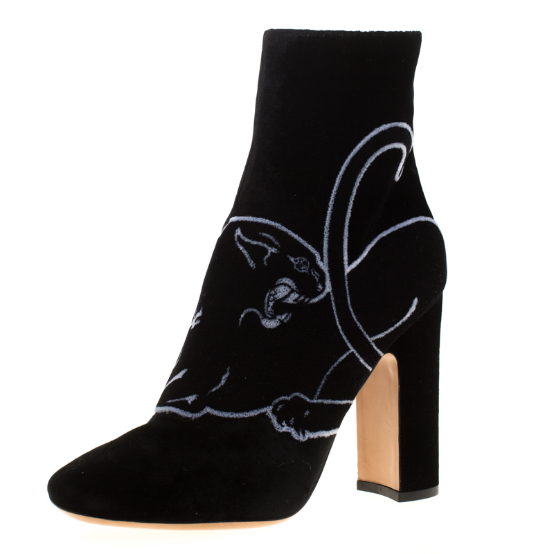 Pre Owned Valentino Black Velvet Panther Motif Block Heel Ankle Boots Size 39.5