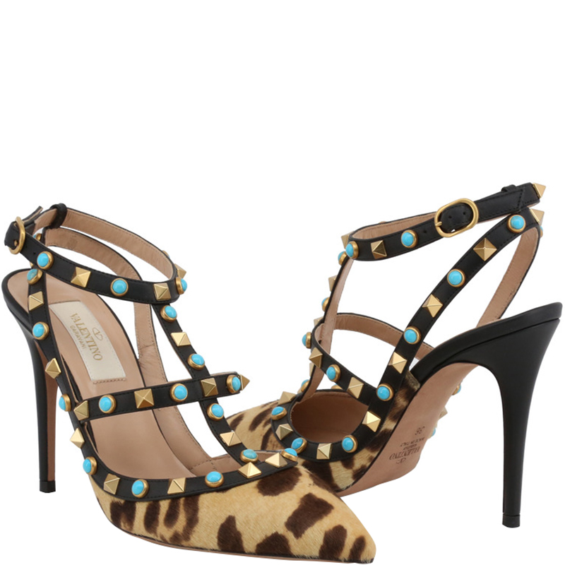 

Valentino Beige Leopard Print Calf Hair Rolling Rockstud Sandals Size