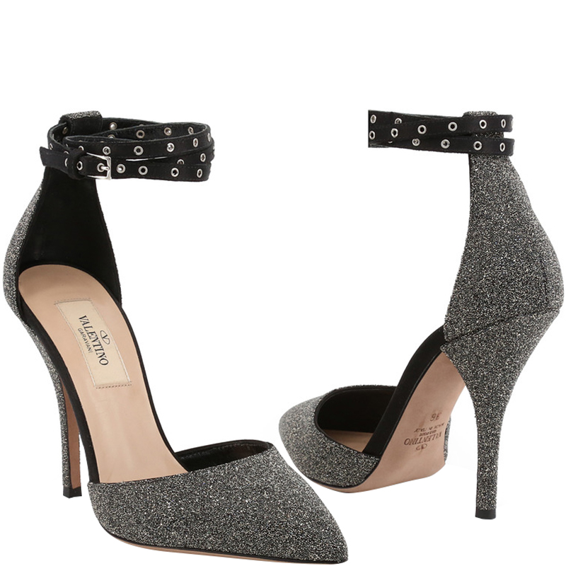 

Valentino Grey Glitter Ankle Strap Pointed Toe Sandals Size