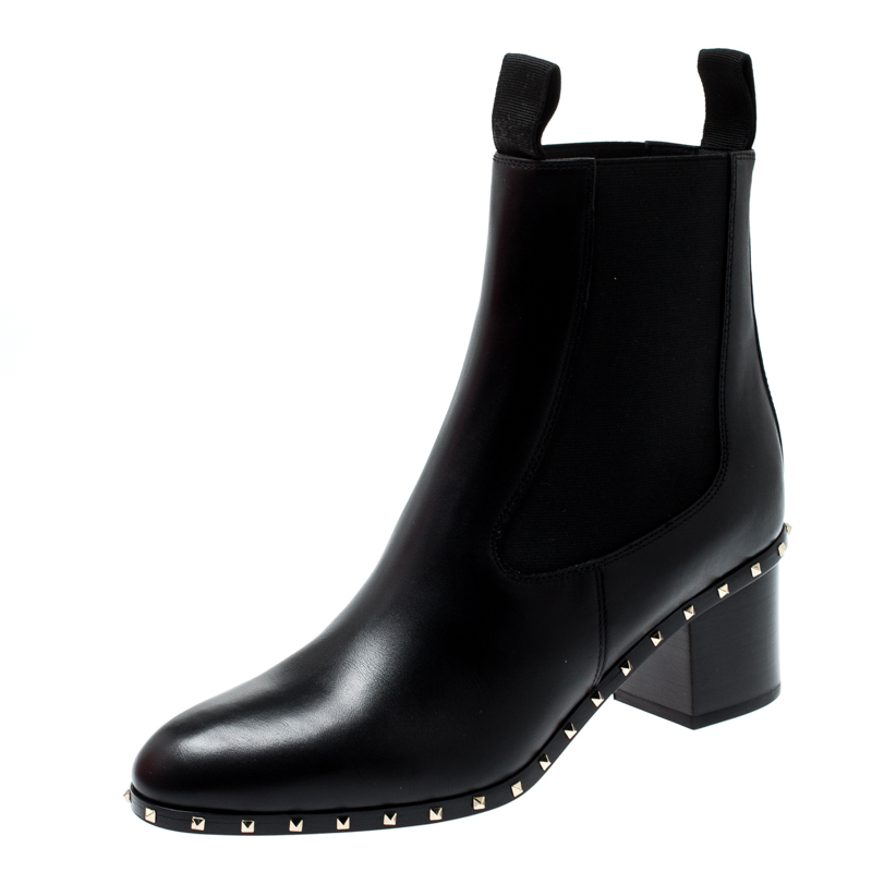 Pre Owned Valentino Black Leather Block Heel Ankle Boots Size 38