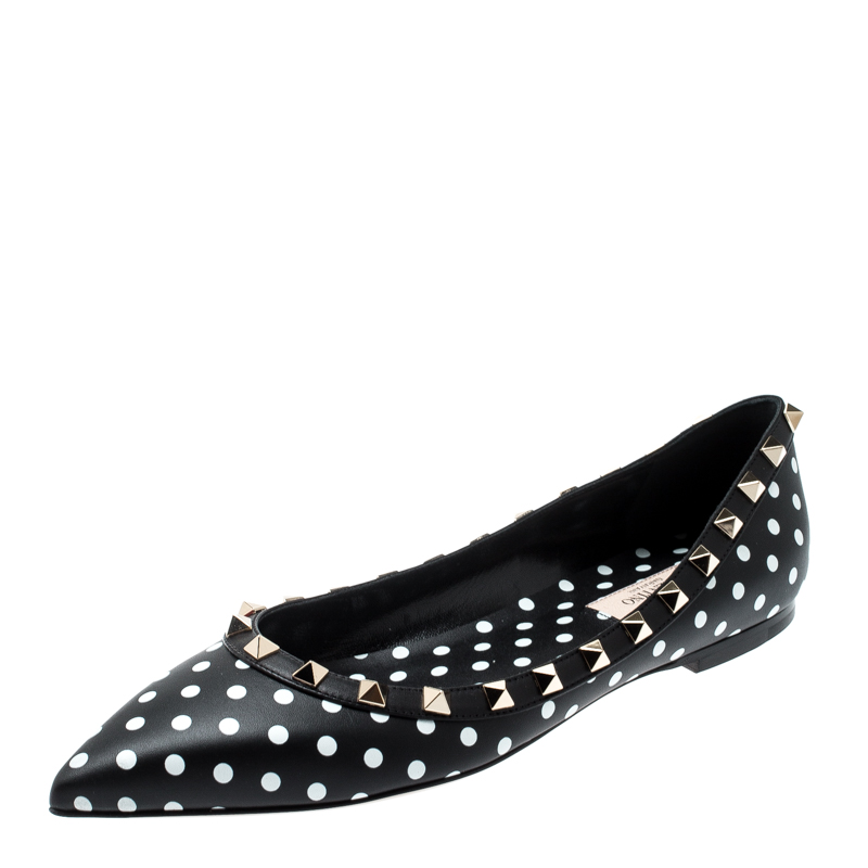 Pre Owned Valentino Nero-Bianco/Nero Leather Polka Dot Rockstud Ballet Flats Size 39