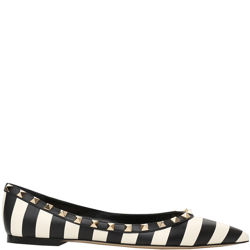 Pre Owned Valentino Light Ivory/Nero Leather Striped Rockstud Ballet Flats Size 37