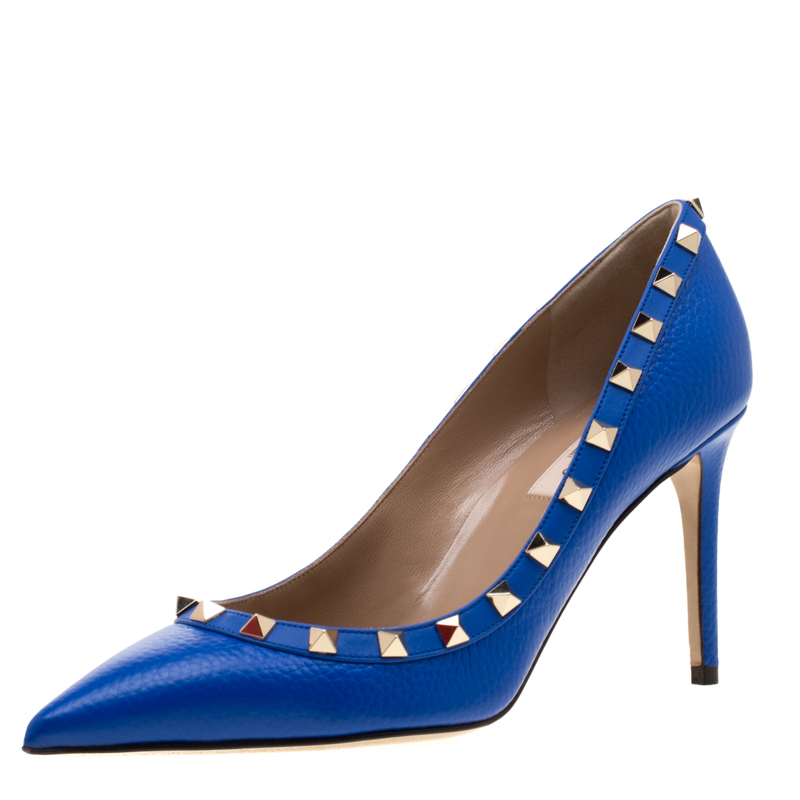Valentino Acid Bluette Leather Rockstud Pointed Toe Pumps Size