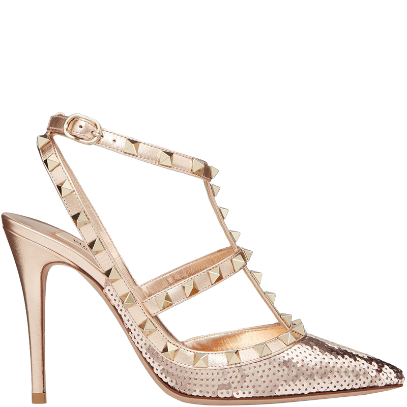Pre Owned Valentino Poudre/Rame All-Over Sequin Court Rockstud Ankle Strap Sandals Size 36.5