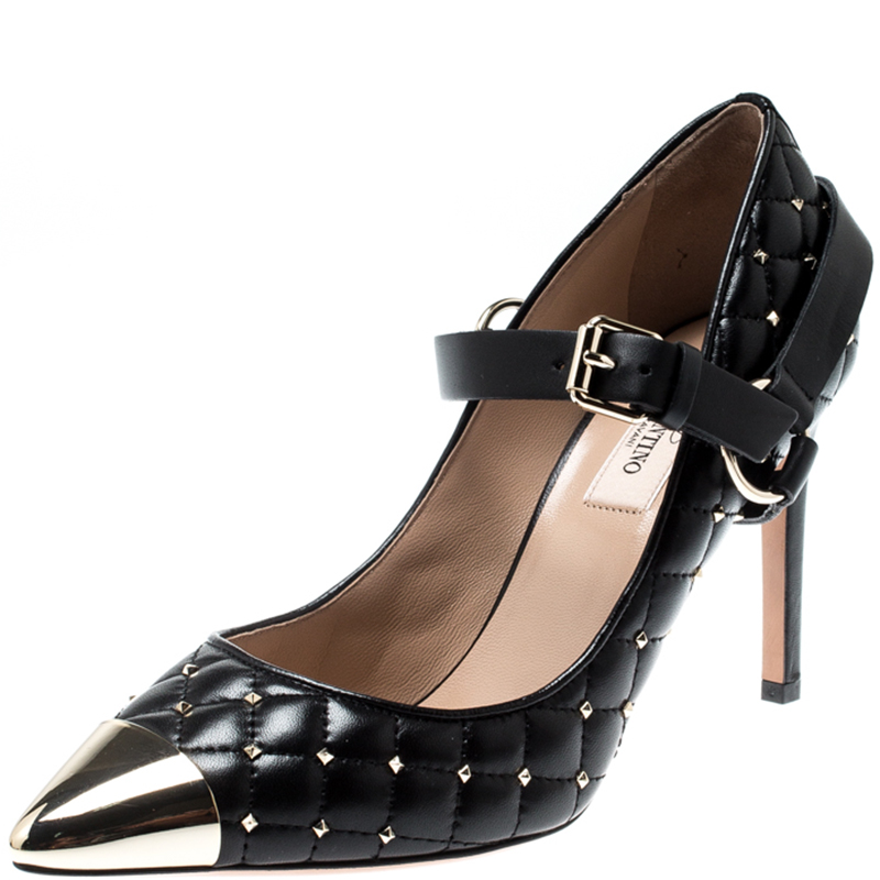 Pre Owned Valentino Black Quilted Leather Rockstud Spike Ankle Strap Cap Toe Pointed Pumps Size 38