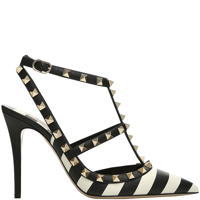 Pre Owned Valentino Light Ivory/Nero Leather Striped Rockstud Ankle Strap Sandals Size 39