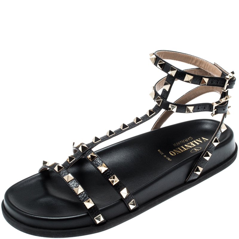 Valentino Black Leather Rockstud Gladiator Flat Sandals Size