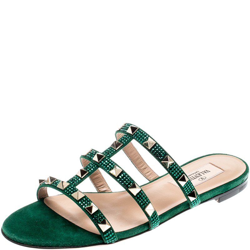 Pre Owned Valentino Emerald/Smeraldo Suede Rockstud Flat Slides Size 37