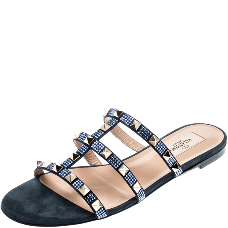 Pre Owned Valentino Sapphire/Marine Suede Rockstud Flat Slides Size 38