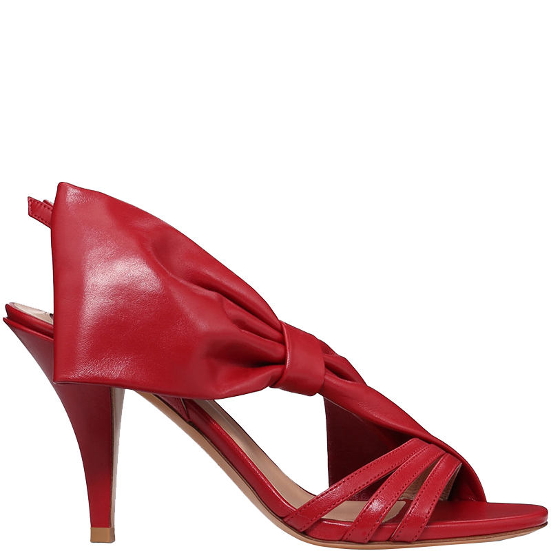 Pre Owned Valentino Rosso Leather Bow Detail Slingback Sandals Size 36.5