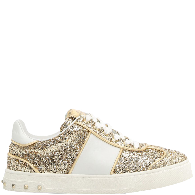 Pre Owned Valentino Oro/Bianco Glitter Flycrew Lace Up Sneakers Size 37