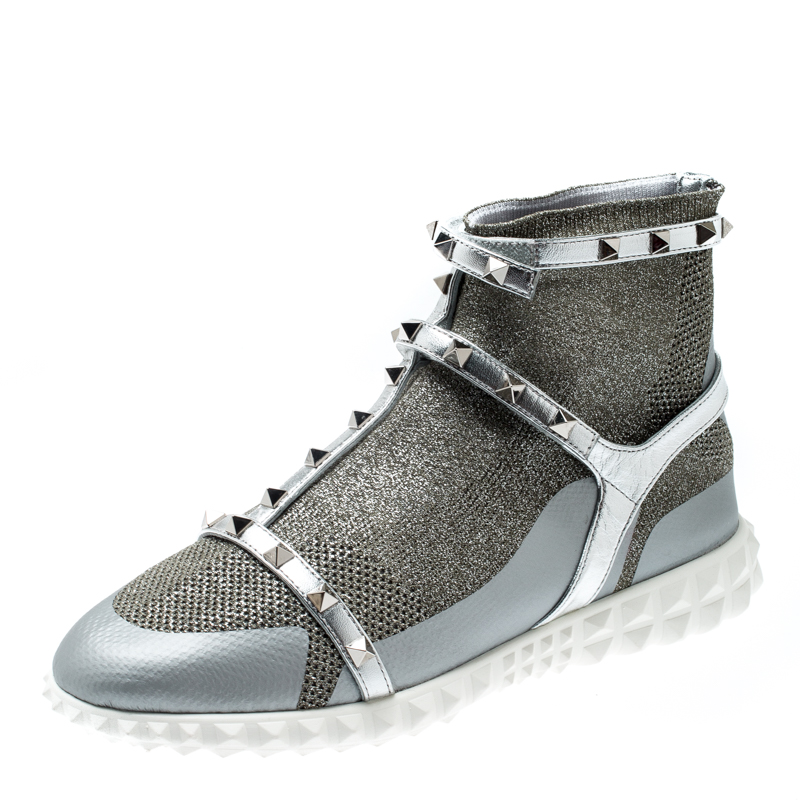 Valentino Silver/Bianco Stretch Knit and Leather Rockstud Bodytech High Top Sneakers Size 38.5