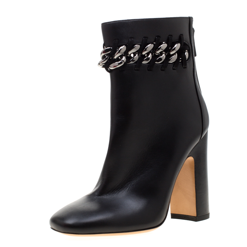 Pre Owned Valentino Black Leather Chain Link Embellished Block Heel Ankle Boots Size 36