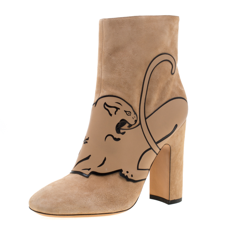 Pre Owned Valentino Beige Suede Panther Ankle Boots Size 39