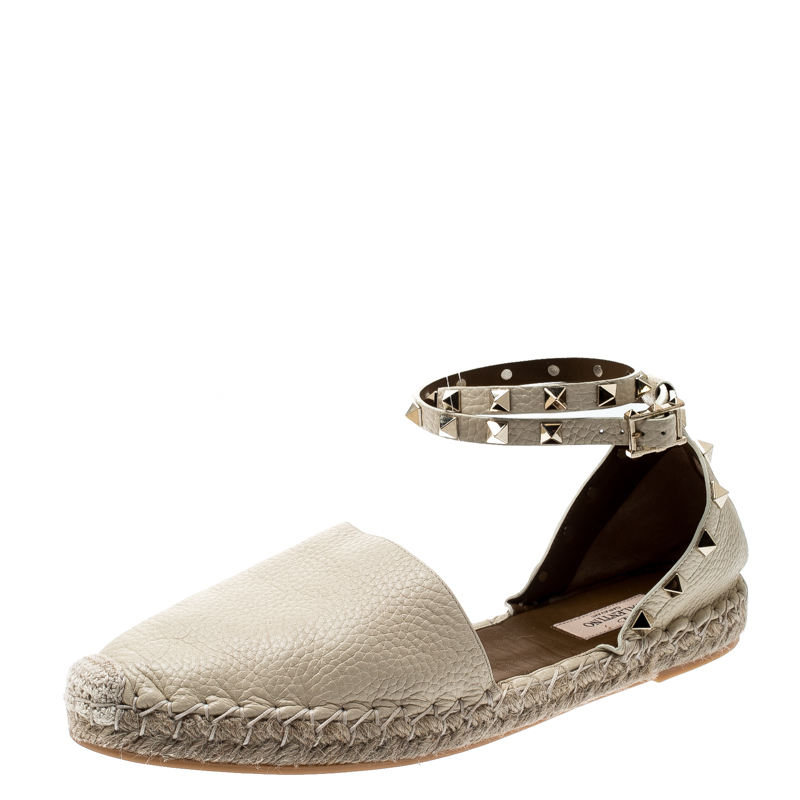 Pre Owned Valentino White Leather Rockstud Espadrille Flat Sandals Size 40