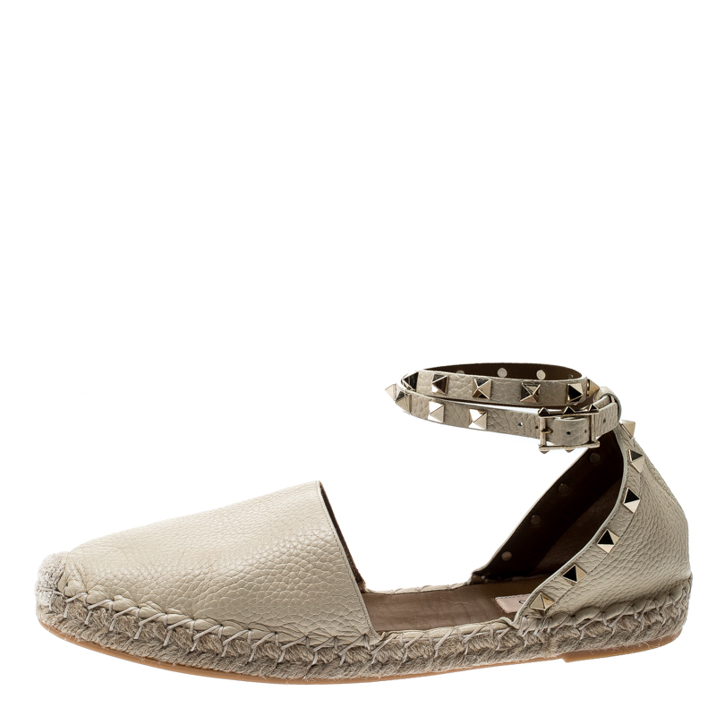 

Valentino White Leather Rockstud Espadrille Flat Sandals Size