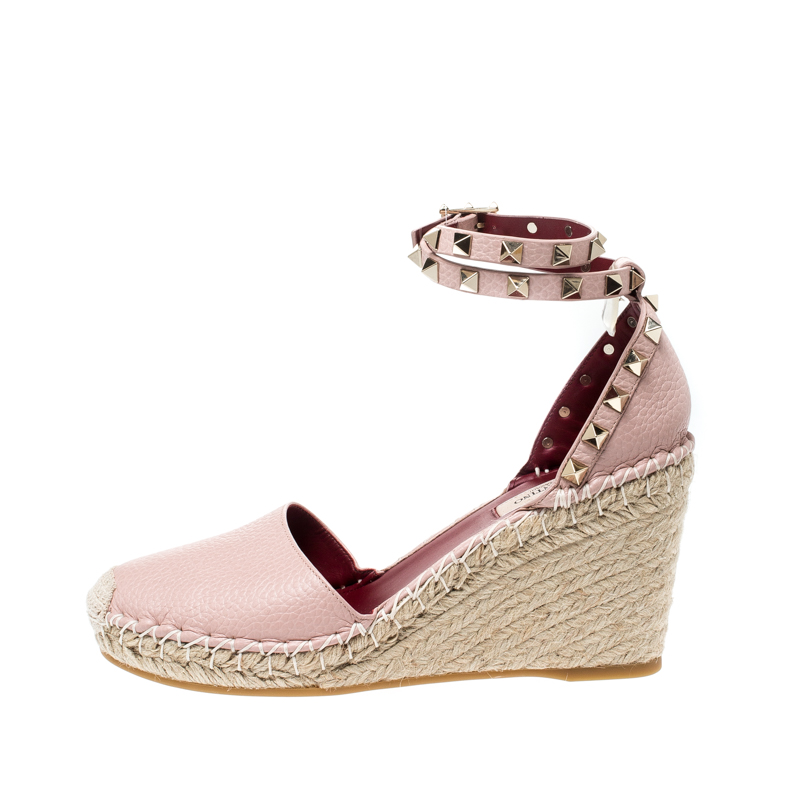 

Valentino Pale Pink Leather Rockstud Espadrille Wedge Sandals Size