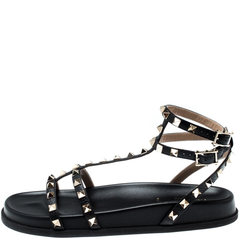 

Valentino Black Leather Rockstud Gladiator Flat Sandals Size